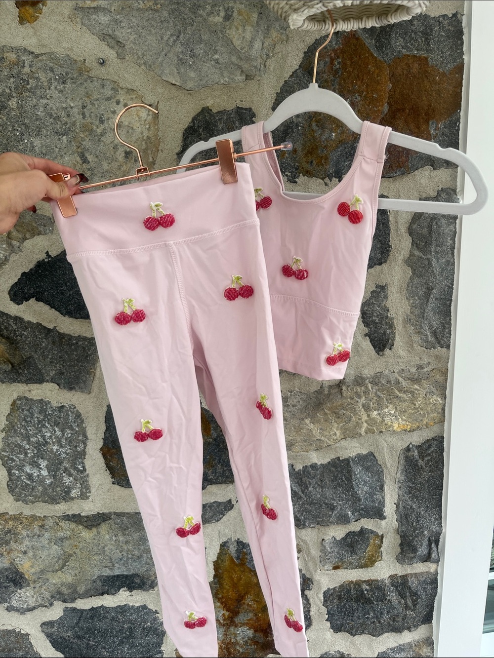 Lola + The Boys Pink Cherry Beaded Athletic Activewear Legging & Crop Top Set